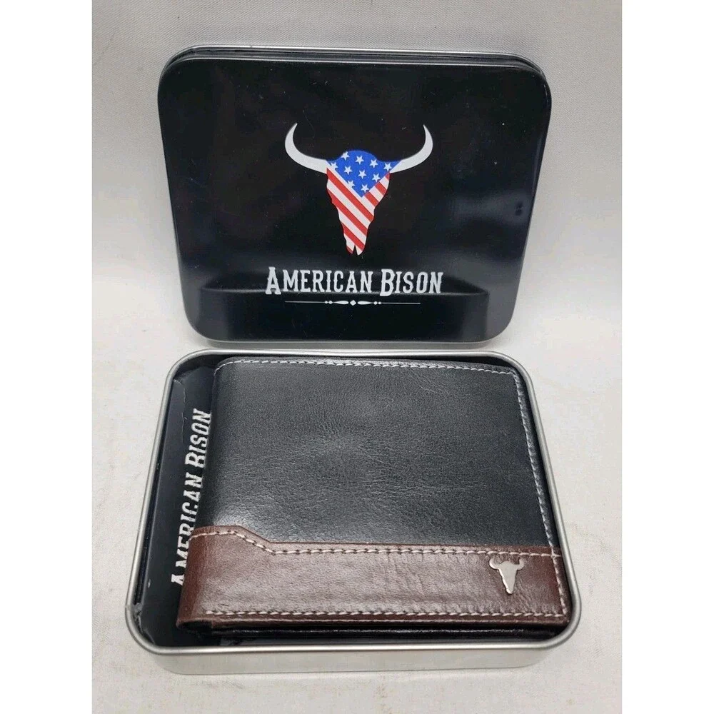American Bison Men’s Black Brown Genuine Leather Bifold Wallet New